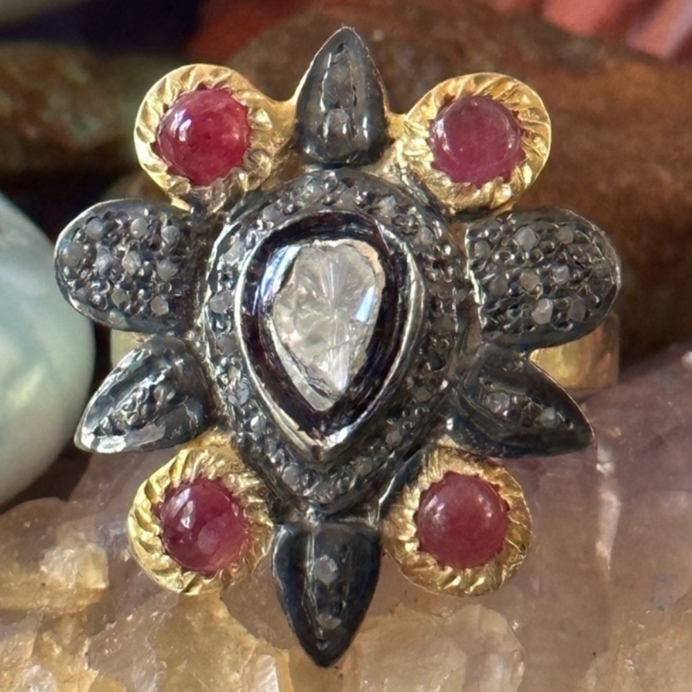 Polki Diamond ruby gold over 925 solid sterling silver ring